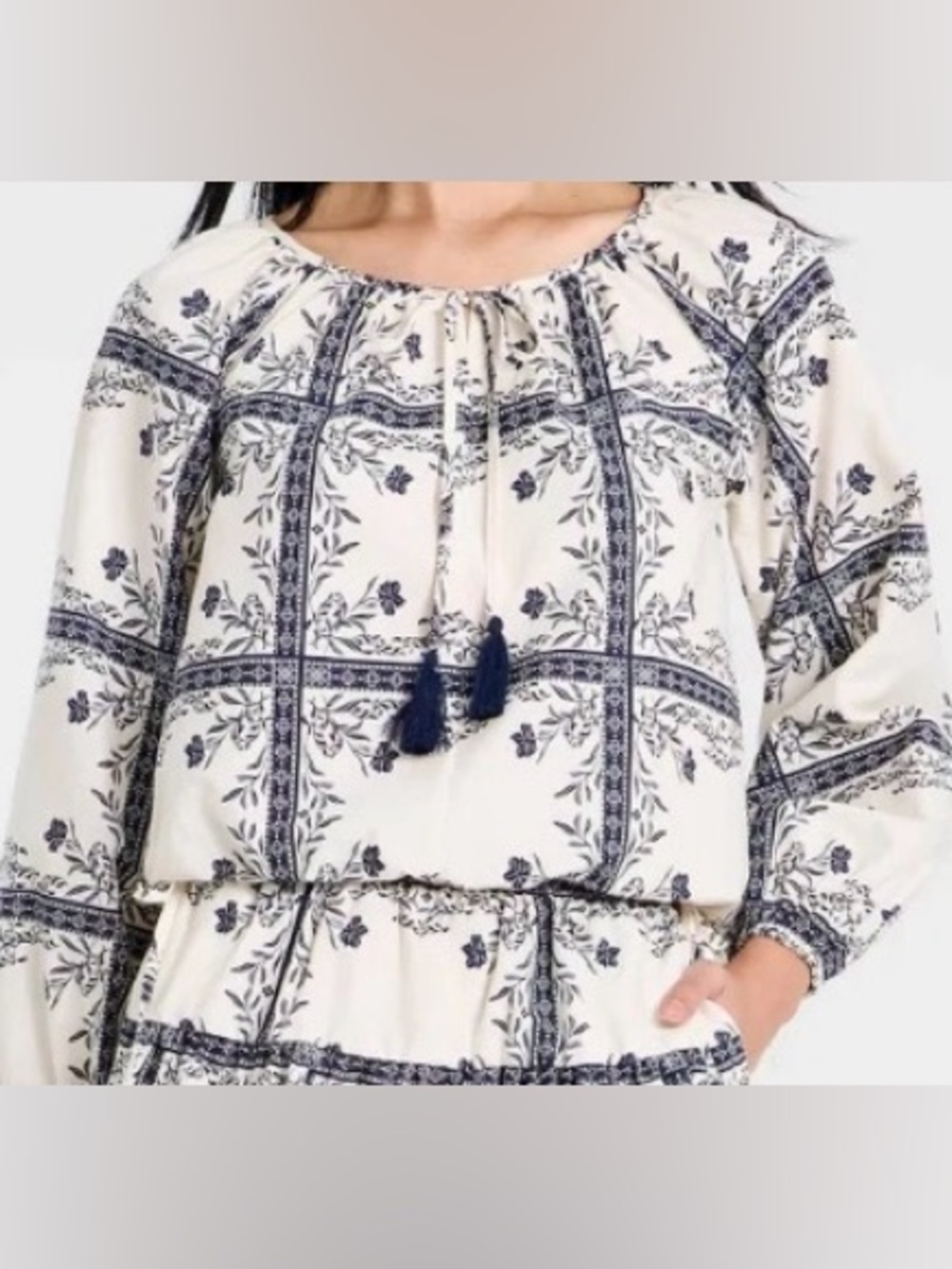 a new day Cream and Navy Floral Peasant Blouse